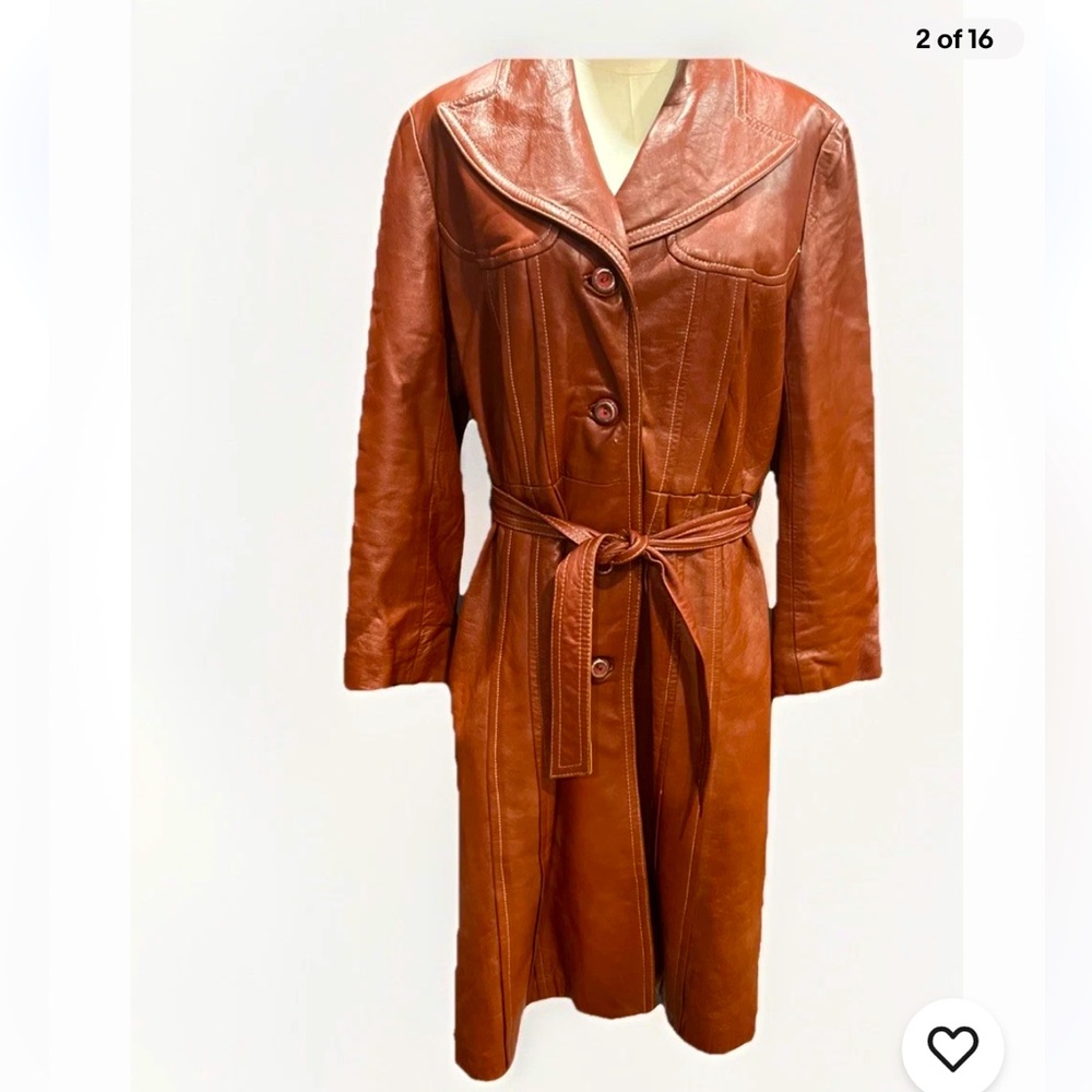 Woman’s Leather Coat Vintage Belted Boho Mod Disco Deep Wine Stripe Accent 70s